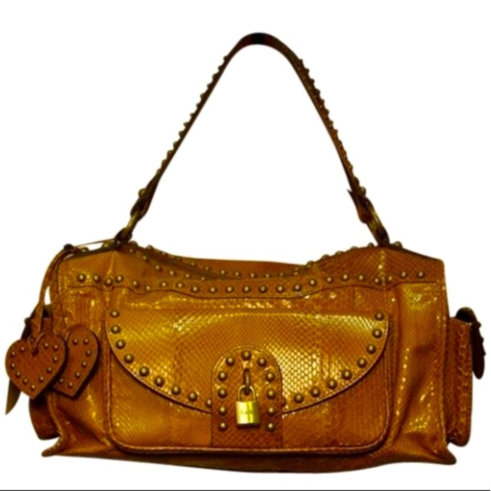 Luella snakeskin studded Cognac saddle python shoulder bag 
17” L
6” W
9”H